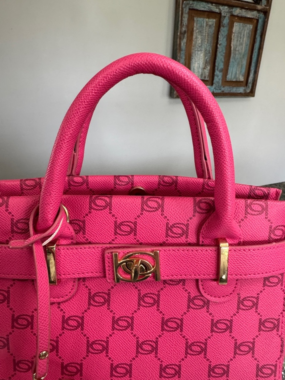 bebe Hot Pink Logo small Satchel with Gold-Tone Hardware and crossbody strap - Picture 3 of 16